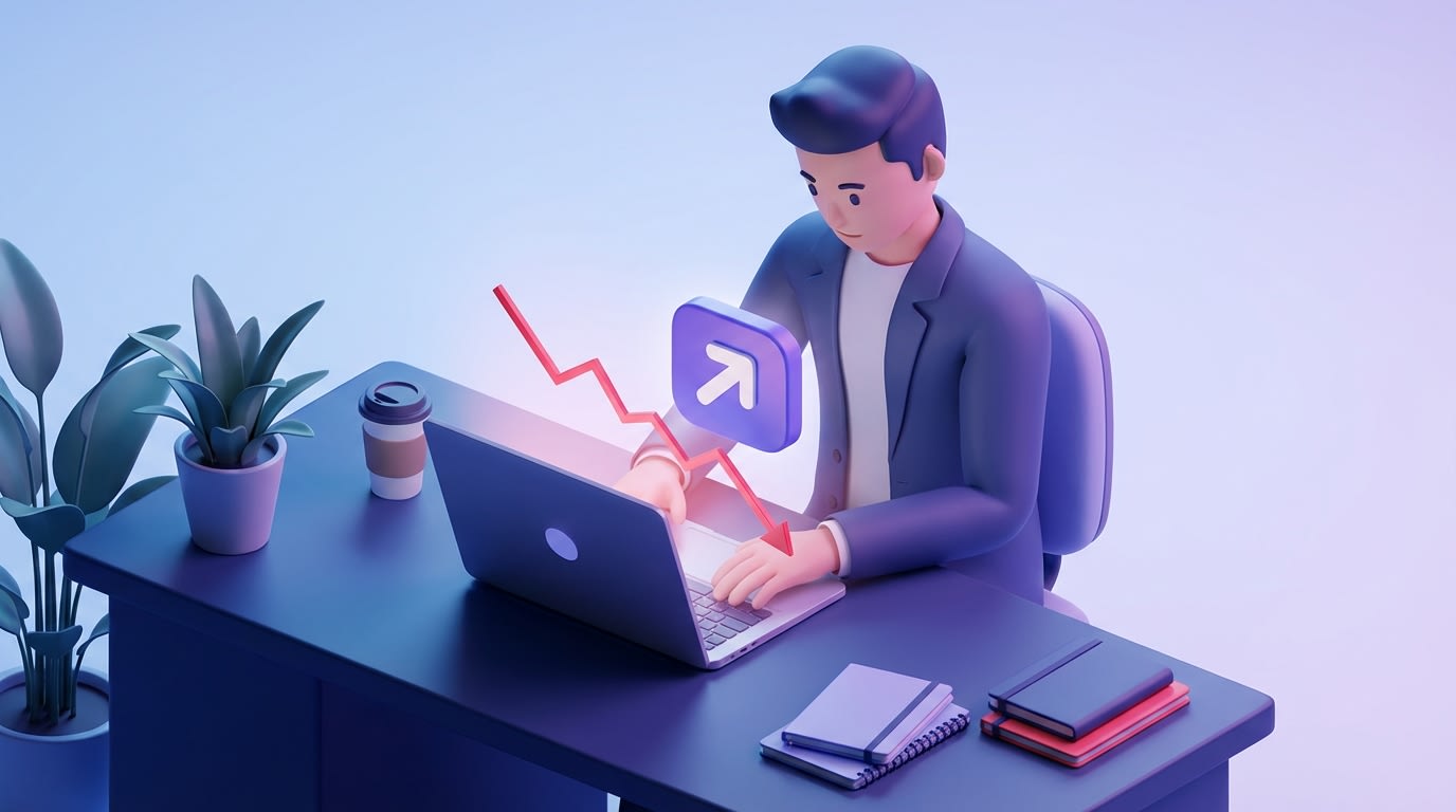 Shopify merchant looking at a laptop screen showing a declining site speed graph next to a newly installed app icon