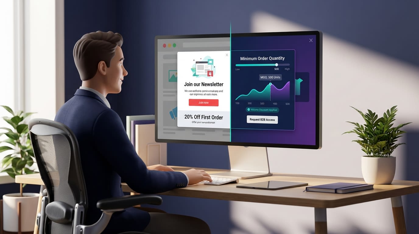Shopify merchant looking at a split screen comparing a generic B2C retail popup with a specialized B2B minimum order quantity progress bar popup