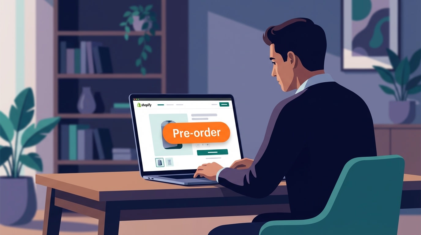 Shopify merchant looking at a laptop showing a product page with a bright orange pre-order label overlay