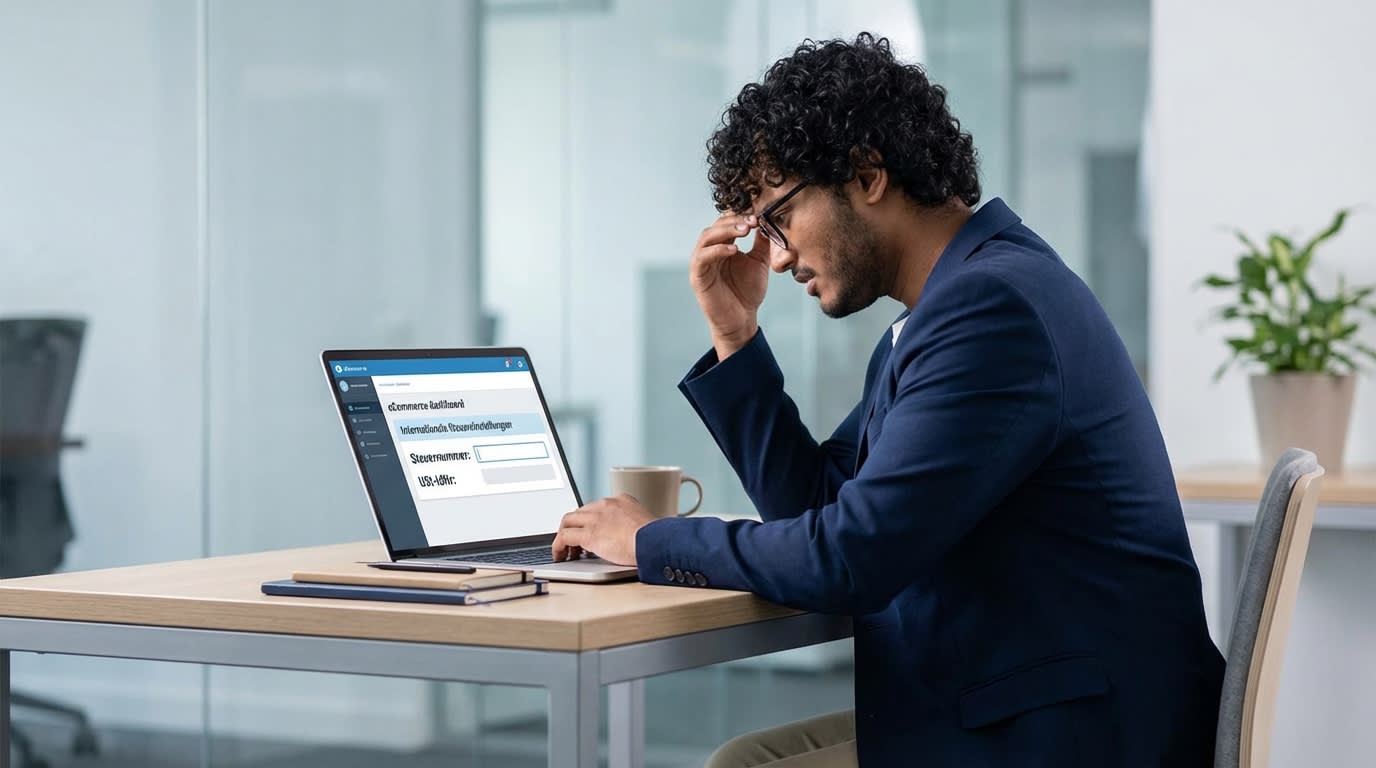 Shopify merchant looking confused at a screen displaying German tax terminology like Steuernummer and USt-IdNr