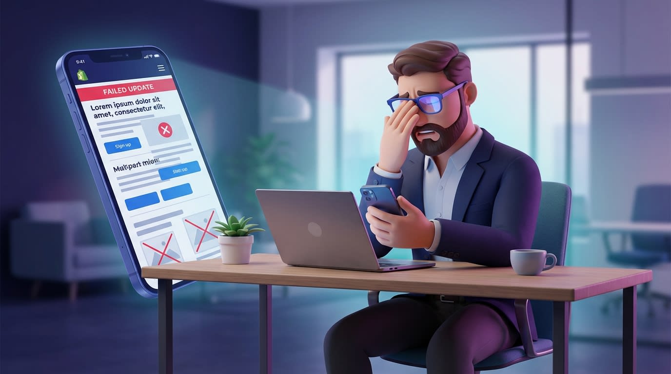 Shopify merchant looking frustrated at a broken mobile layout on their phone after a theme update