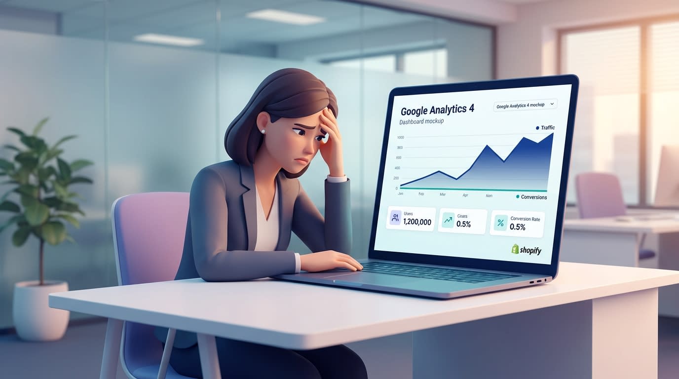 Shopify merchant looking stressed at a laptop showing high traffic but low conversion rate on Google Analytics 4