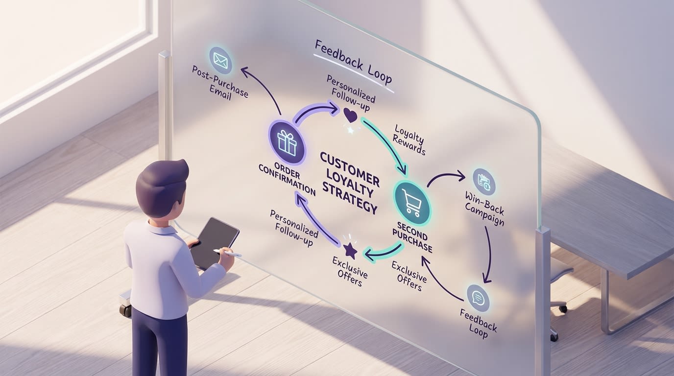 Shopify merchant mapping out a customer journey on a whiteboard showing a loop between order confirmation and a second purchase