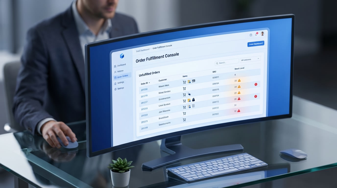 Shopify merchant reviewing a dashboard showing unfulfilled mixed cart orders with a warning icon next to inventory counts