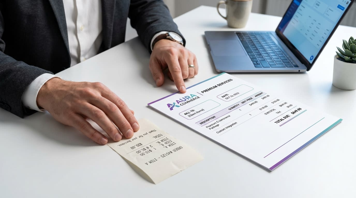 Shopify merchant reviewing a professionally branded printed invoice next to a plain text receipt