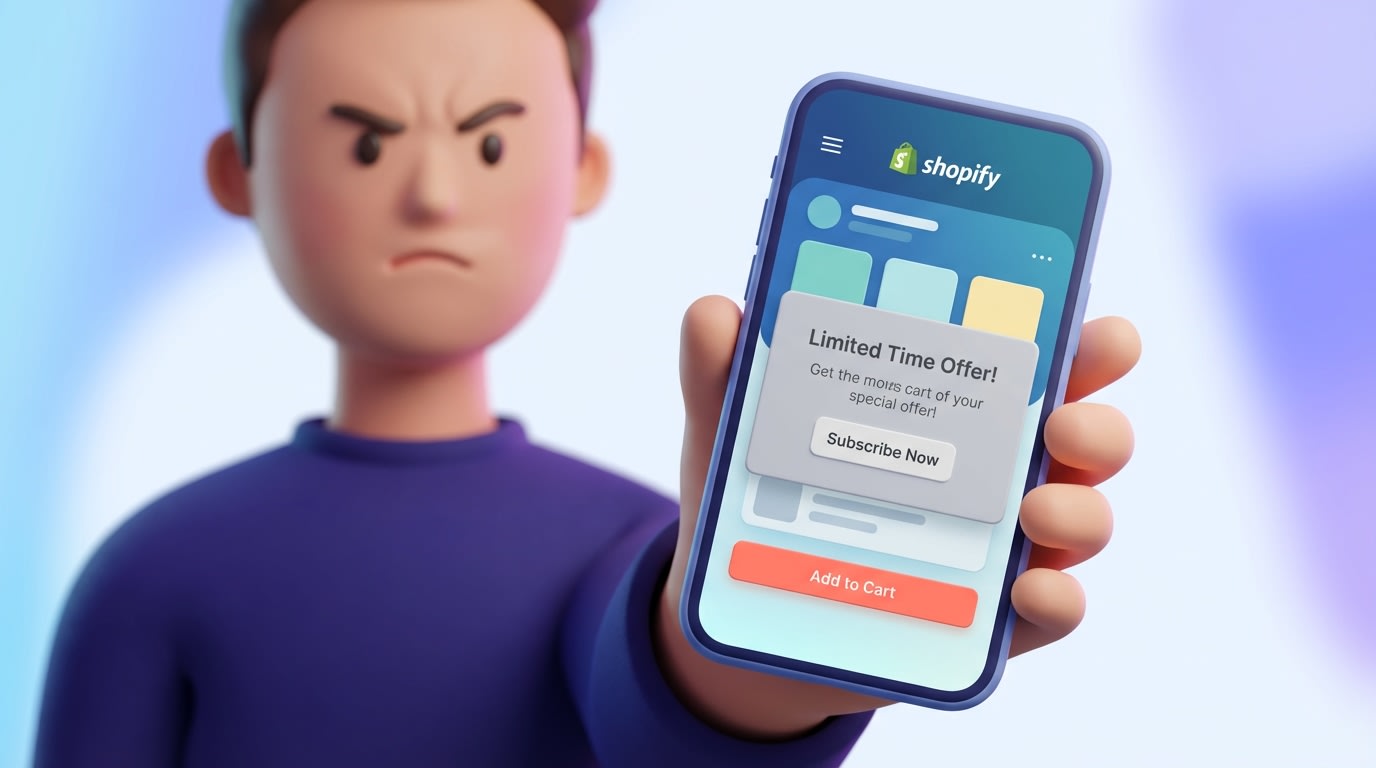Shopper holding smartphone looking frustrated as a large popup blocks the Shopify add to cart button inside a social media app