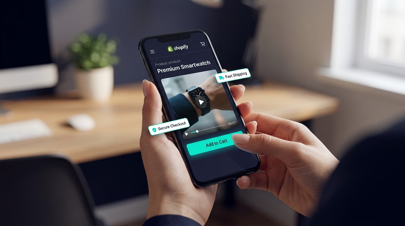 Shopper holding smartphone viewing a fast-loading shoppable video widget on a Shopify product page
