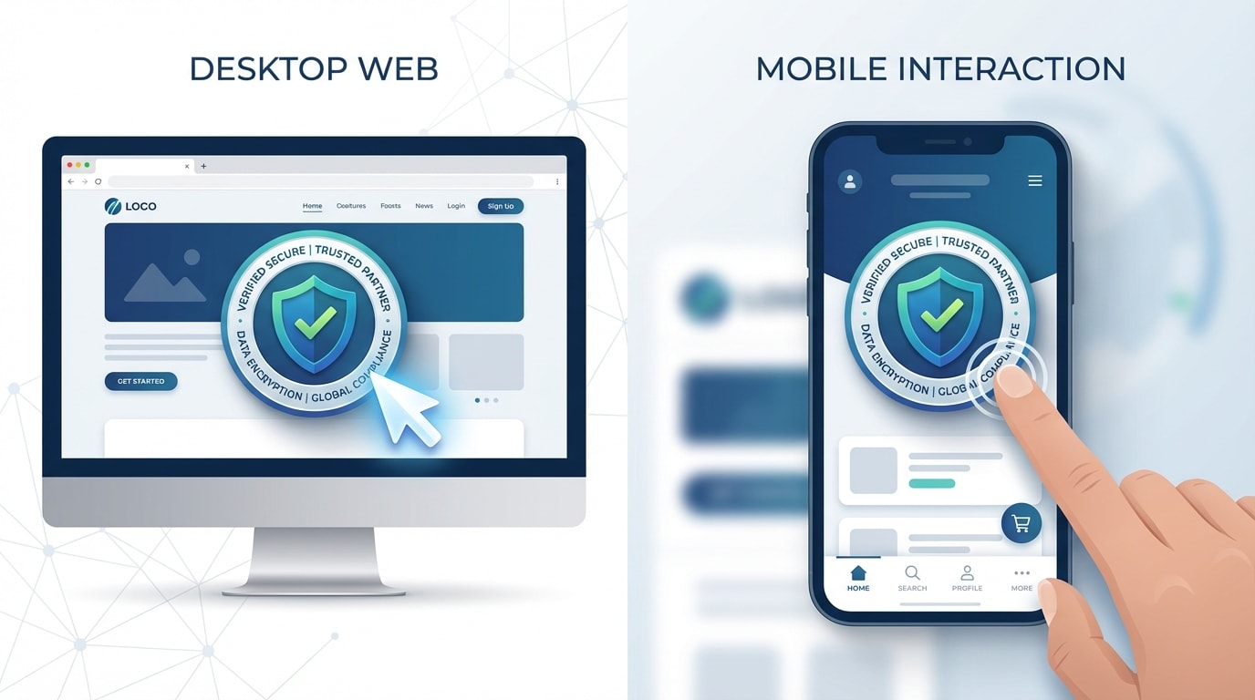 Side by side comparison of a desktop cursor hovering over a badge versus a finger tapping a badge on a smartphone screen