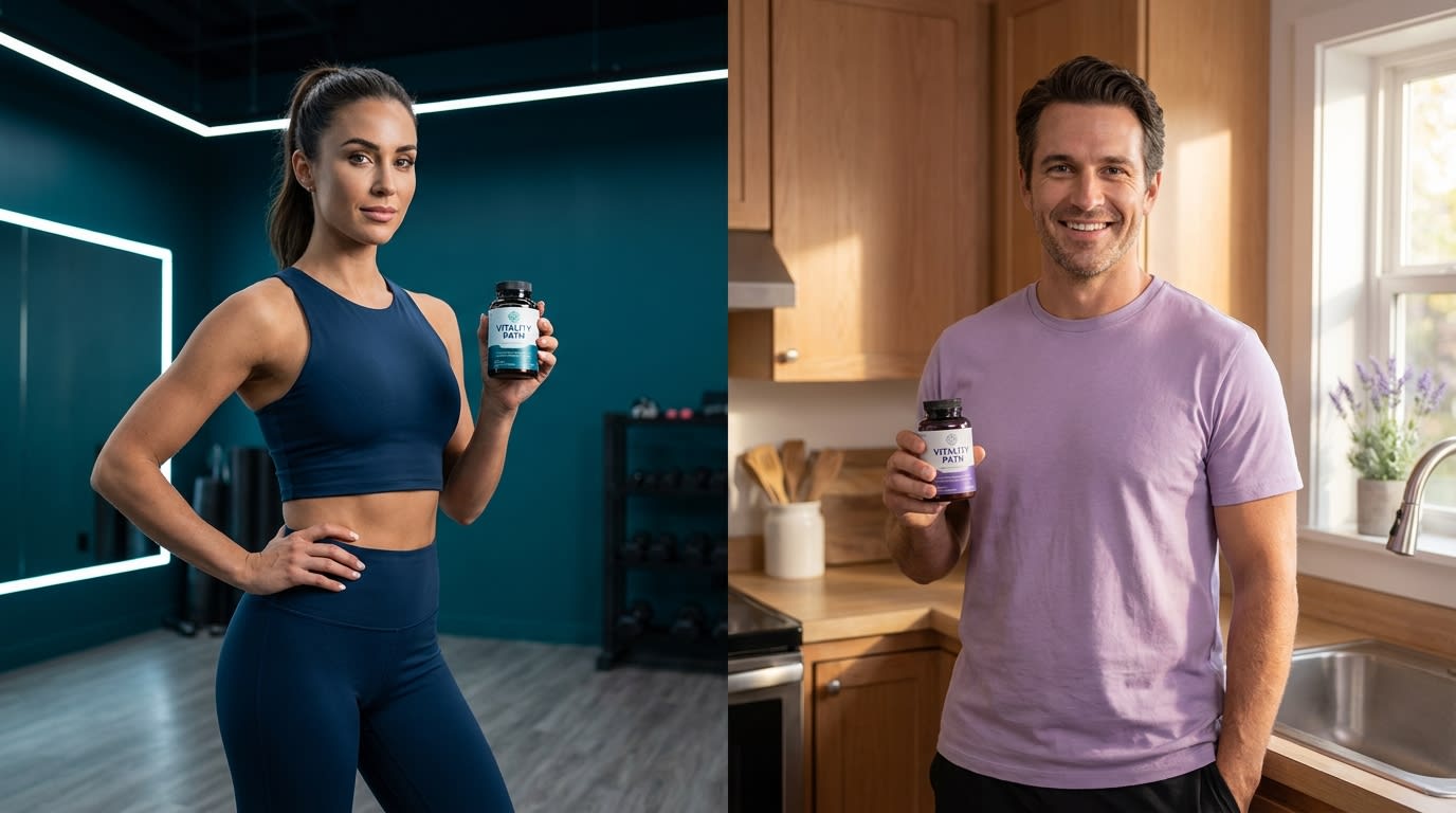 Side-by-side comparison of a highly polished fitness influencer and an everyday, relatable user holding a supplement bottle