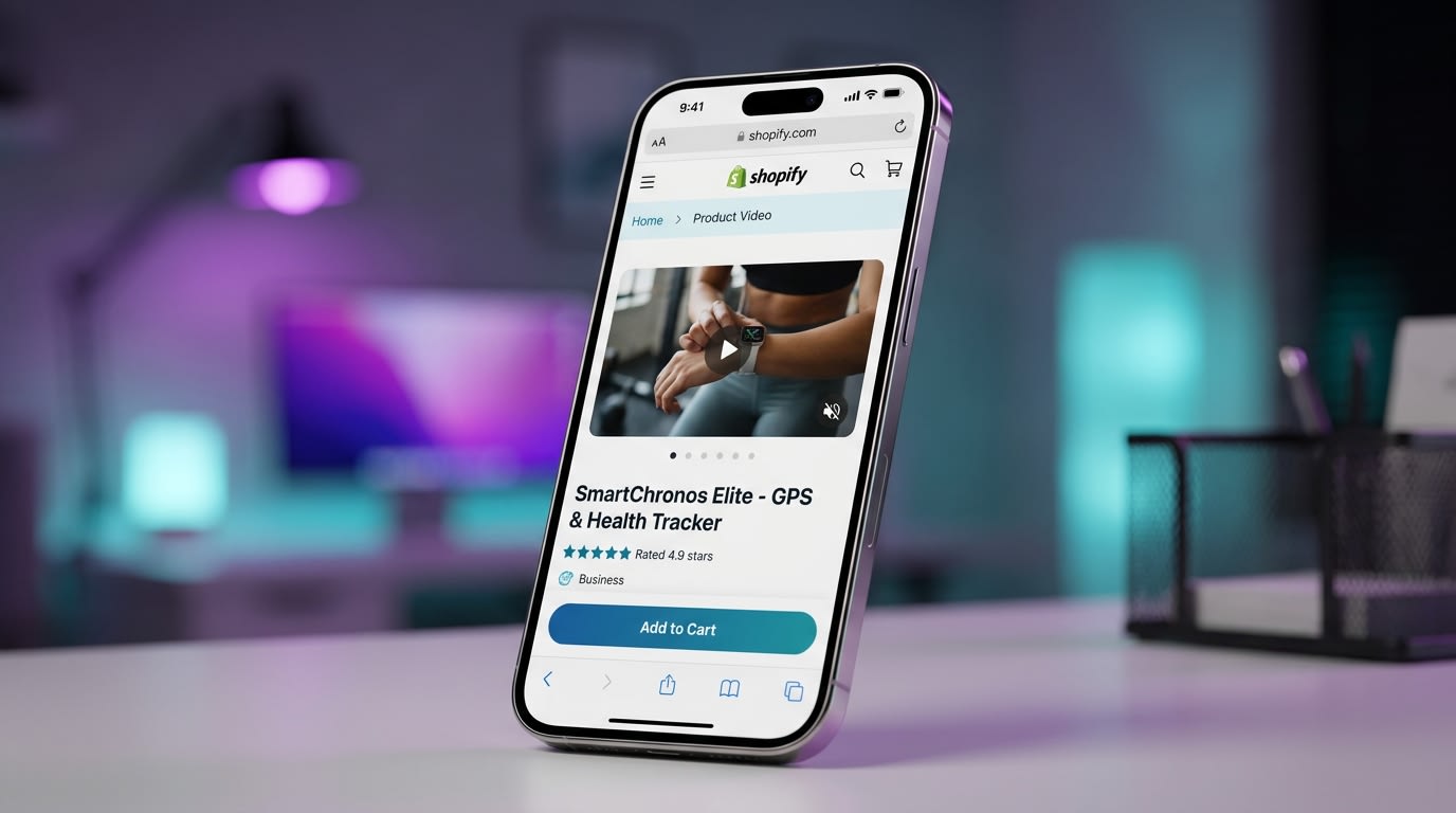 Smartphone showing a muted, correctly playing inline video on a Shopify store