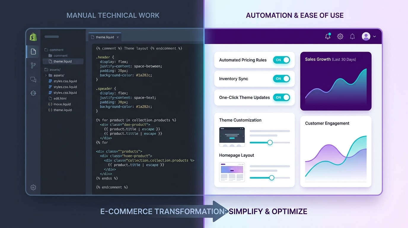 Split screen comparing manual CSS code editing in Shopify Liquid versus a clean, automated app interface
