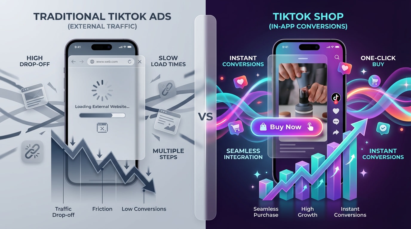 Split screen comparison chart showing TikTok Shop in-app conversion rates versus traditional TikTok Ads external traffic