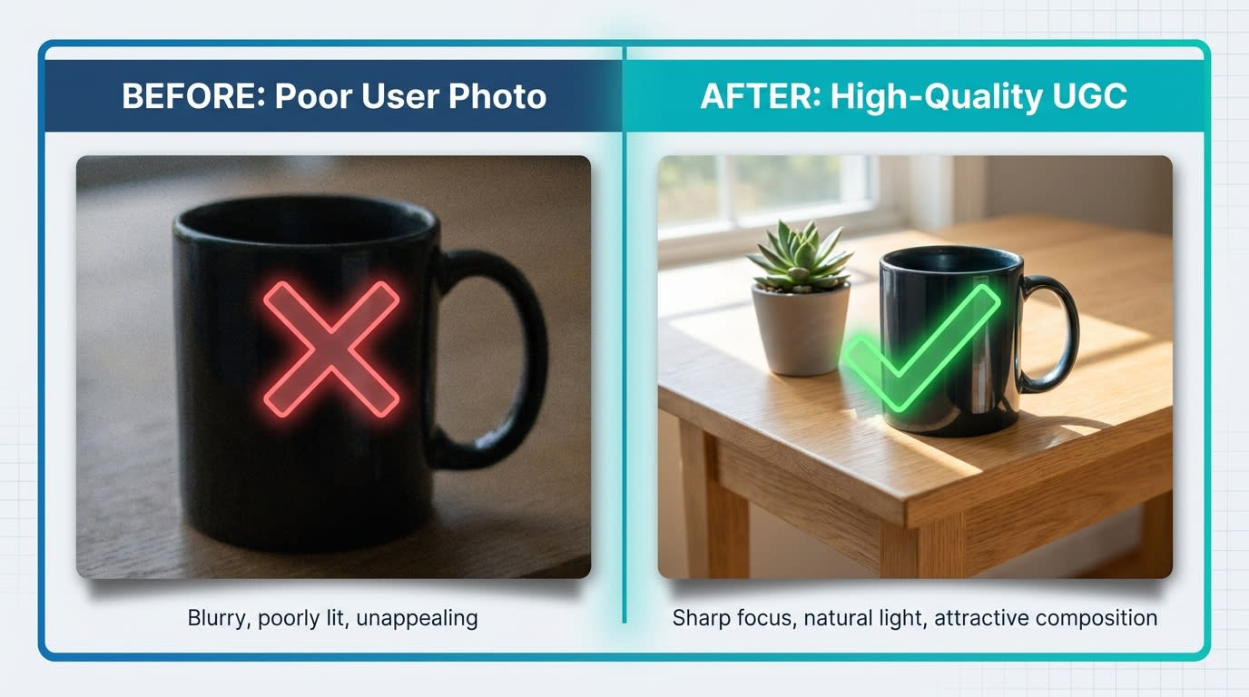 Split screen showing a blurry, dark customer photo with a red X, next to a well-lit, aesthetic customer photo with a green checkmark