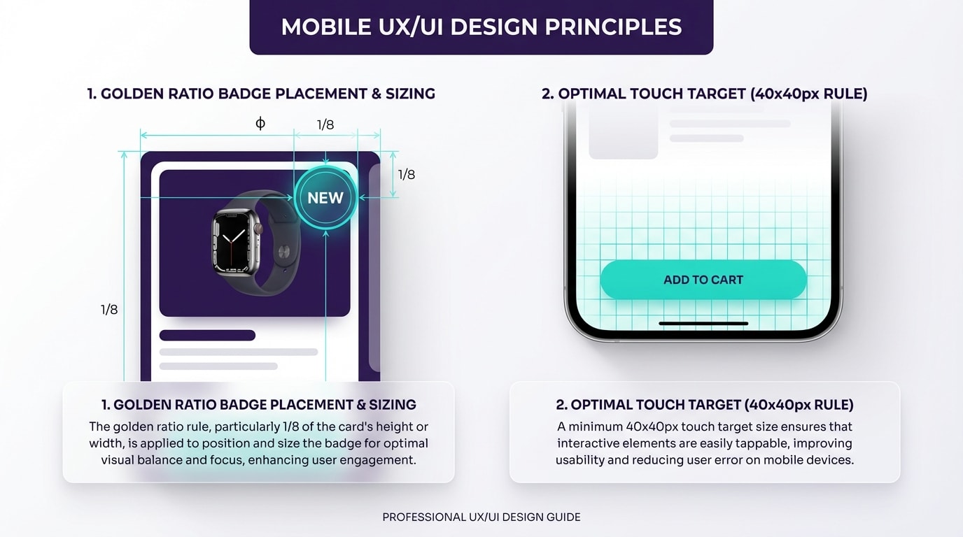 Visual diagram showing the 1/8th golden ratio for product badges and the 40x40px touch target rule