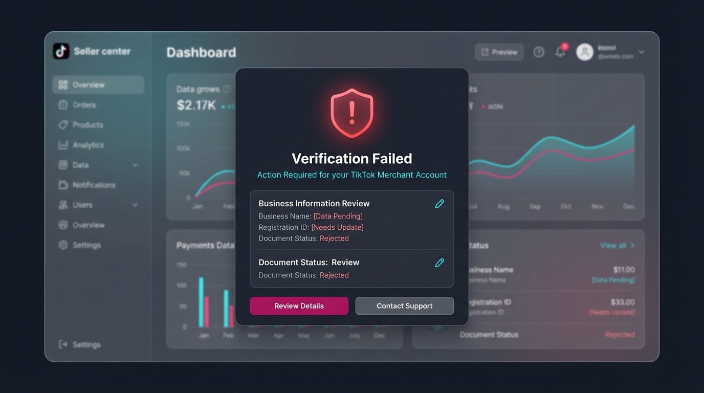 Warning screen showing a failed business information review on TikTok Merchant Center