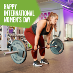 woman deadlifting a barbell with happy international women's day in the corner of the image