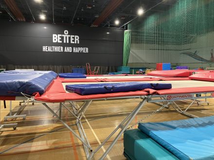 An image of the full sized trampolines that lessons take place on An image of the full sized trampolines that lessons take place on