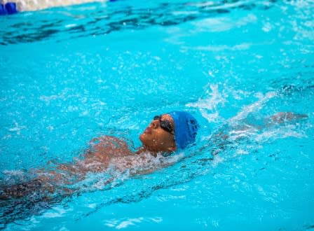 Swimmers practising Backstroke in an indoor swimming pool.