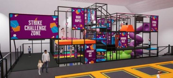 image shows a render of the design for the Strike Challenge area, various brightly coloured obstacles