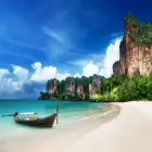 Long-Tail Boat on Shore of West Railay Beach in Krabi 