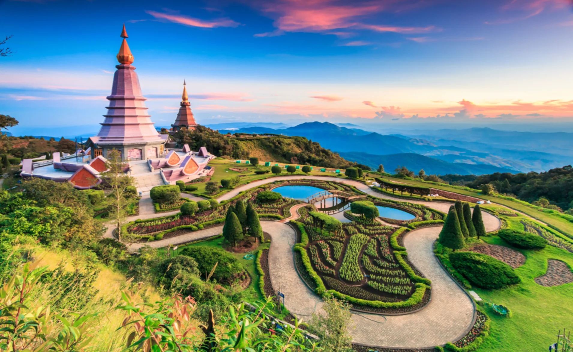 Landscape of Two Pagodas at Sunset in Chiang Mai Thailand