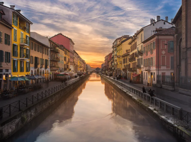 Colorful Buildings Lining the Naviglio Canal at Sunset in Milan