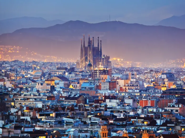 aerial view of Barcelona at sunset