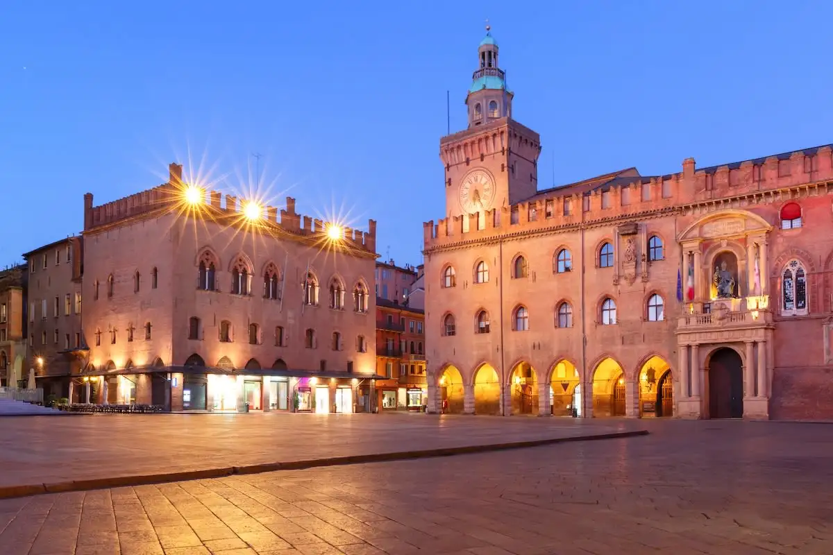 evening on Piazza Maggiore in Bologna Italy