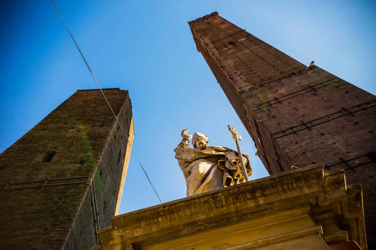 BOLOGNA, ITALY - October 2018: View of two towers of Bologna (Le due Torri) Tower Asinelli  and Tower Garisenda in Old Bologna town, Italy