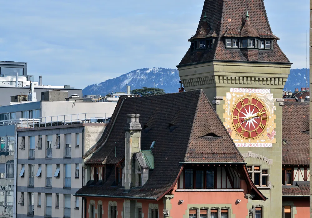Rooftops in Genenva Old Town with Mountain Backdrop