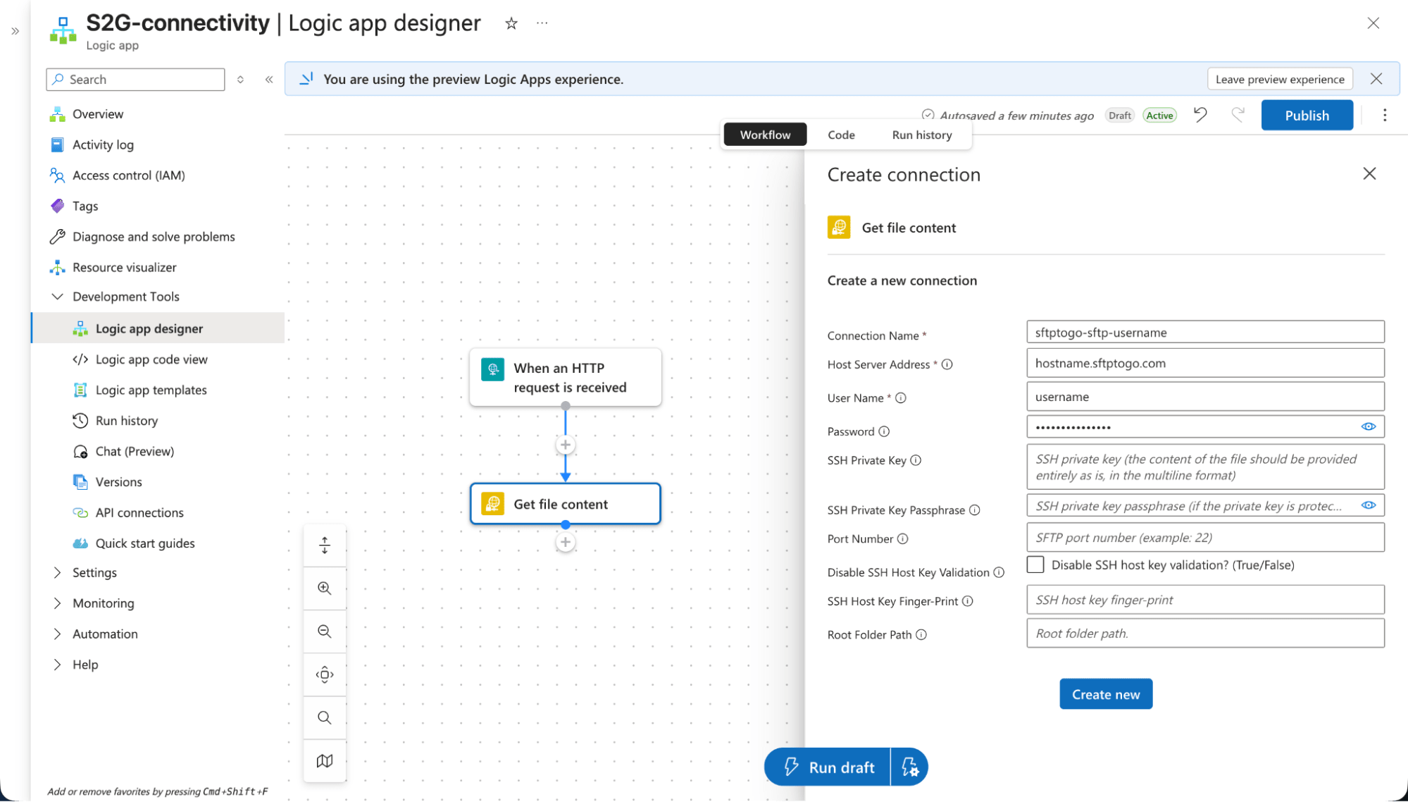SFTP-SSH connector file content action azure logic apps