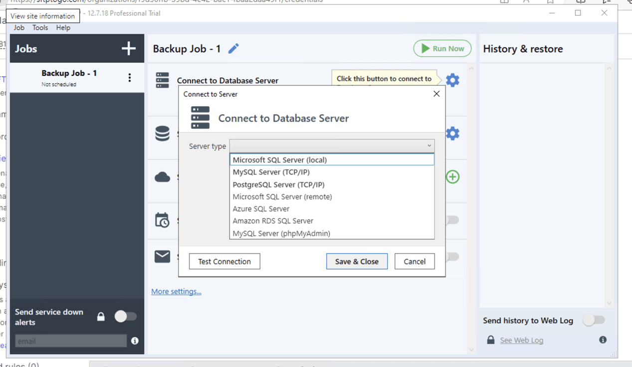 Choosing a server via the SQLBackupAndFTP Job tab