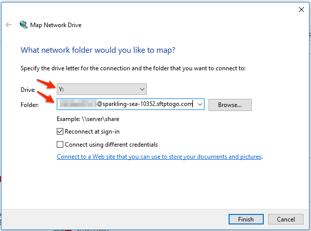 Fill out the drive letter and use the pattern above to point the Folder to your SFTP server