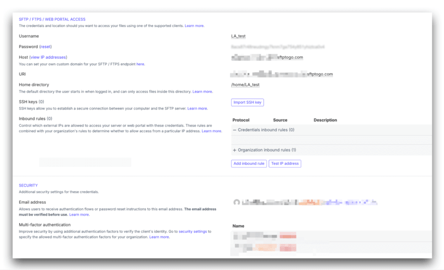 sftp to go credentials tab
