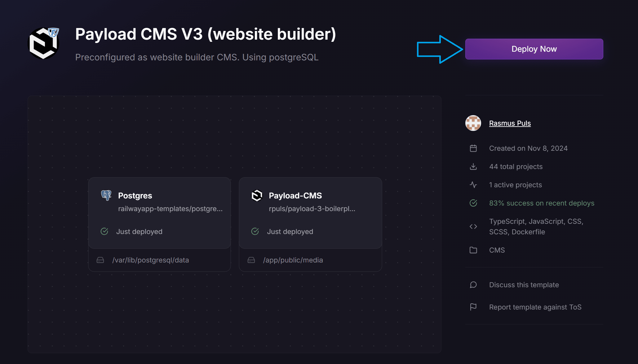 Payload CMS railway template overview - click "Deploy Now"