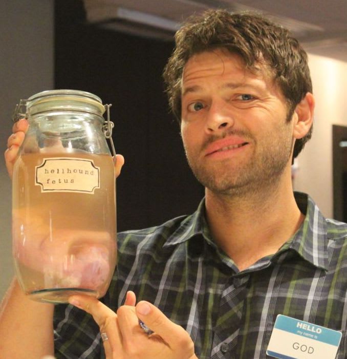 Picture of Misha Collins holding a Hellhound Fetus crafted by Libby Corcoran