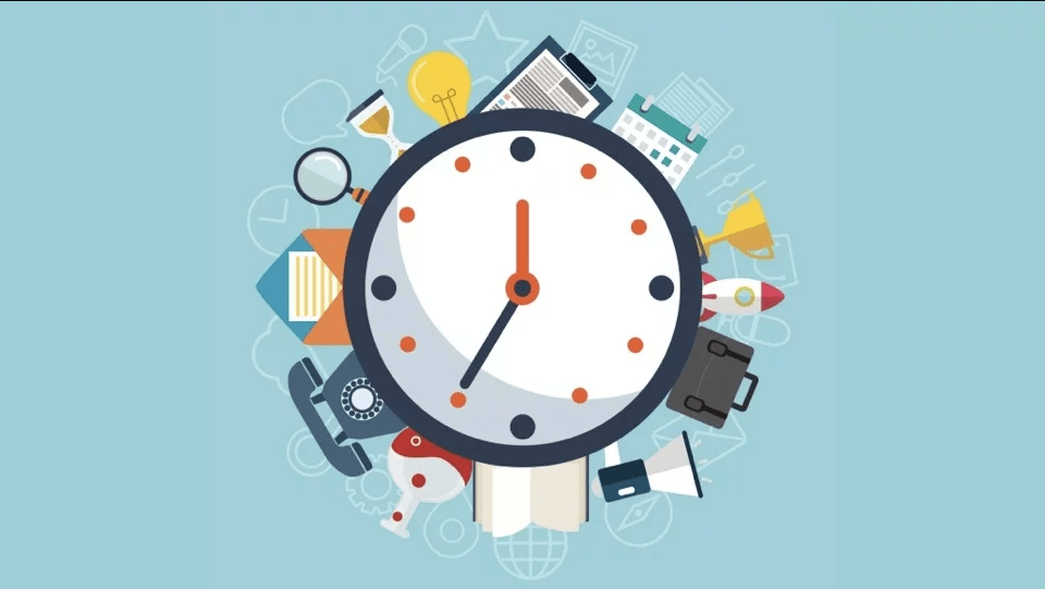 A clock, surrounded by activities people might include in their daily routine.