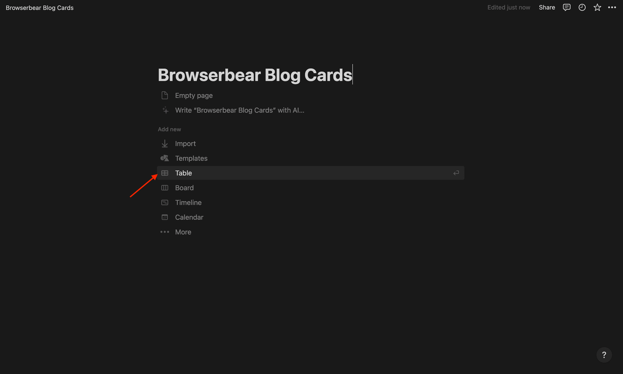 Screenshot of Notion new page with arrow pointing to table
