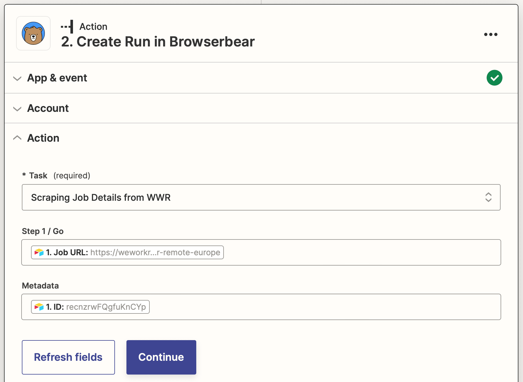 Screenshot of Zapier Browserbear create run action setup