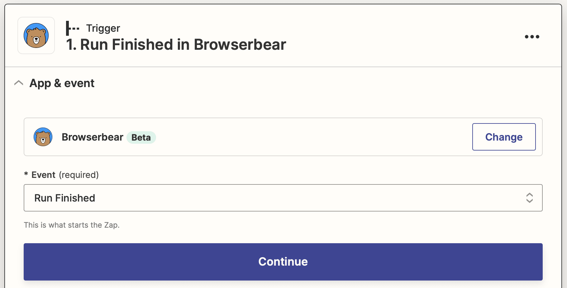 Screenshot of Zapier Browserbear run finished trigger setup