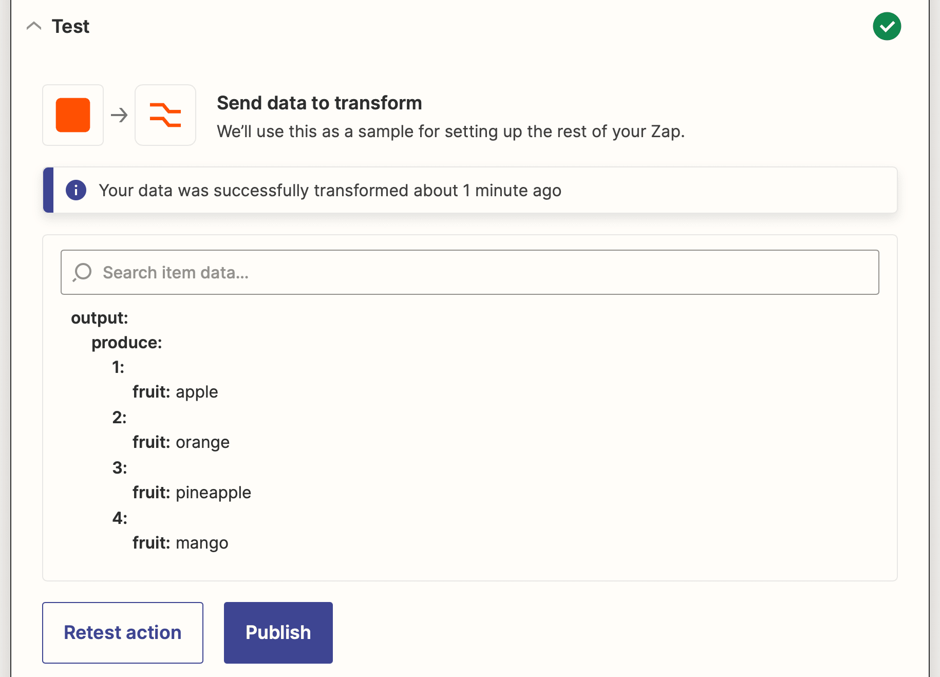 Screenshot of Zapier utilities in formatter action line itemizer output