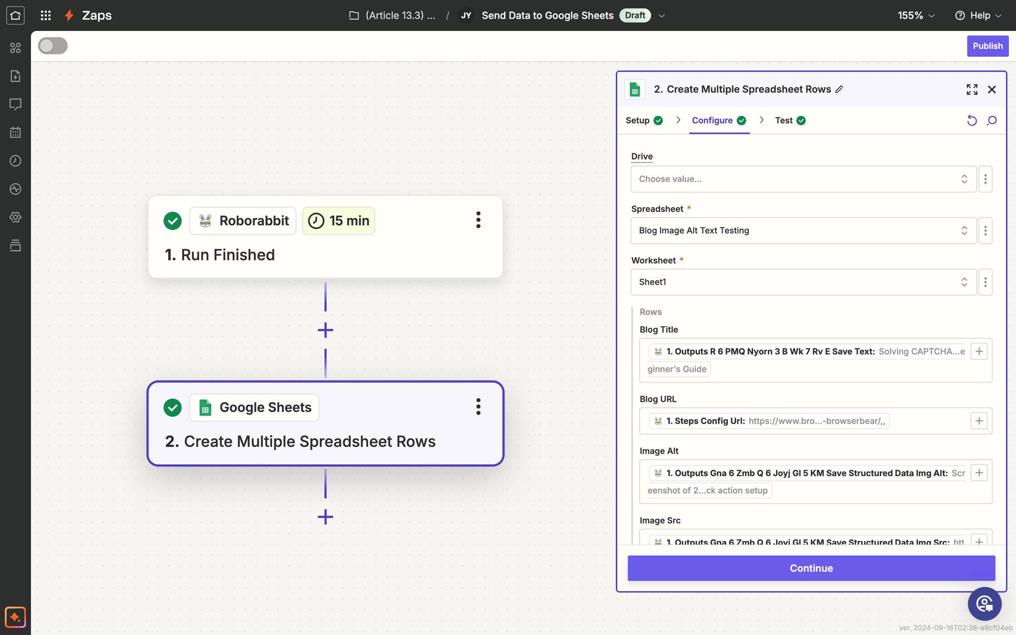 Screenshot of Zapier Google Sheets create multiple spreadsheet rows action