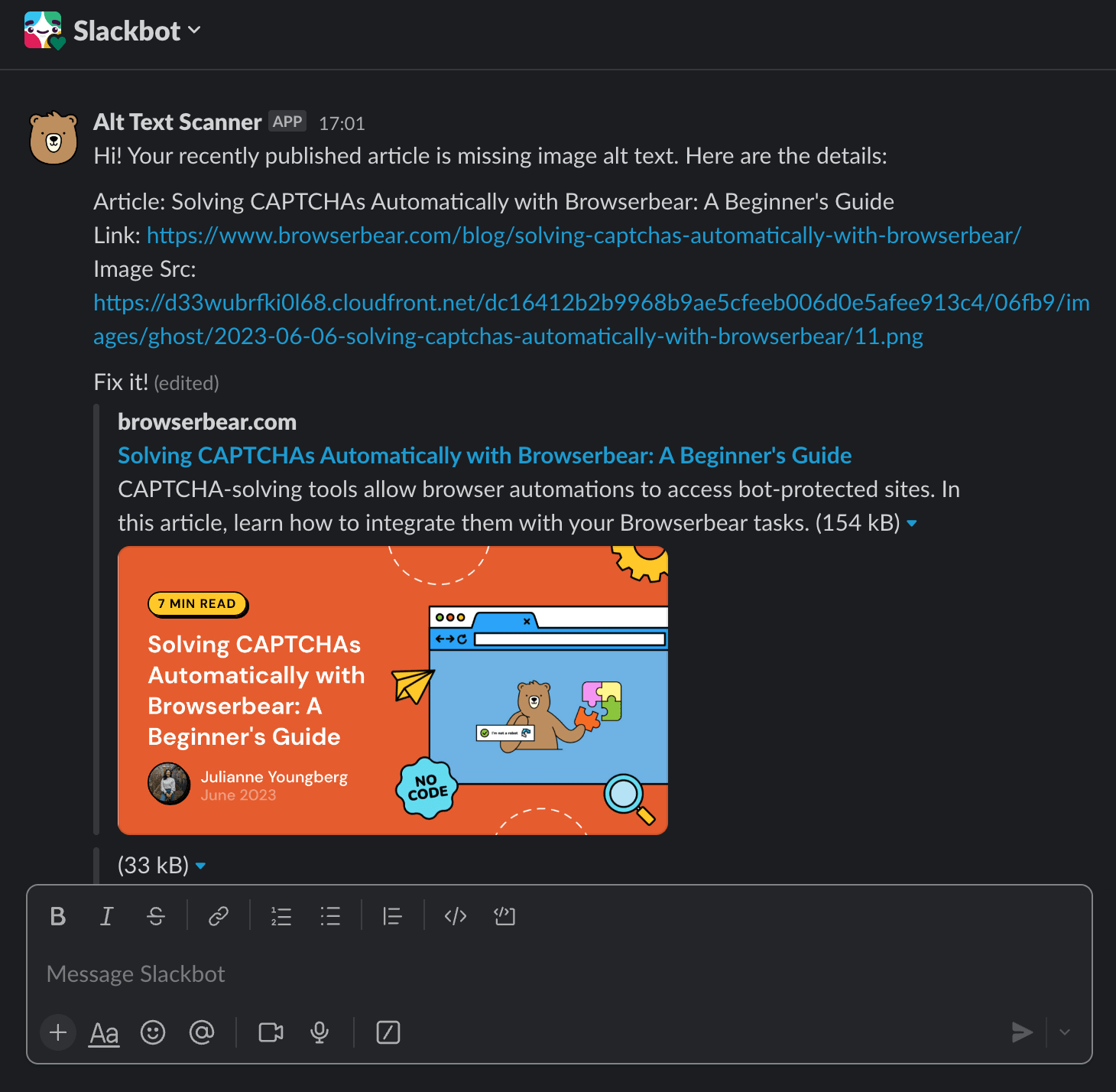 Screenshot of Slack alt text bot message