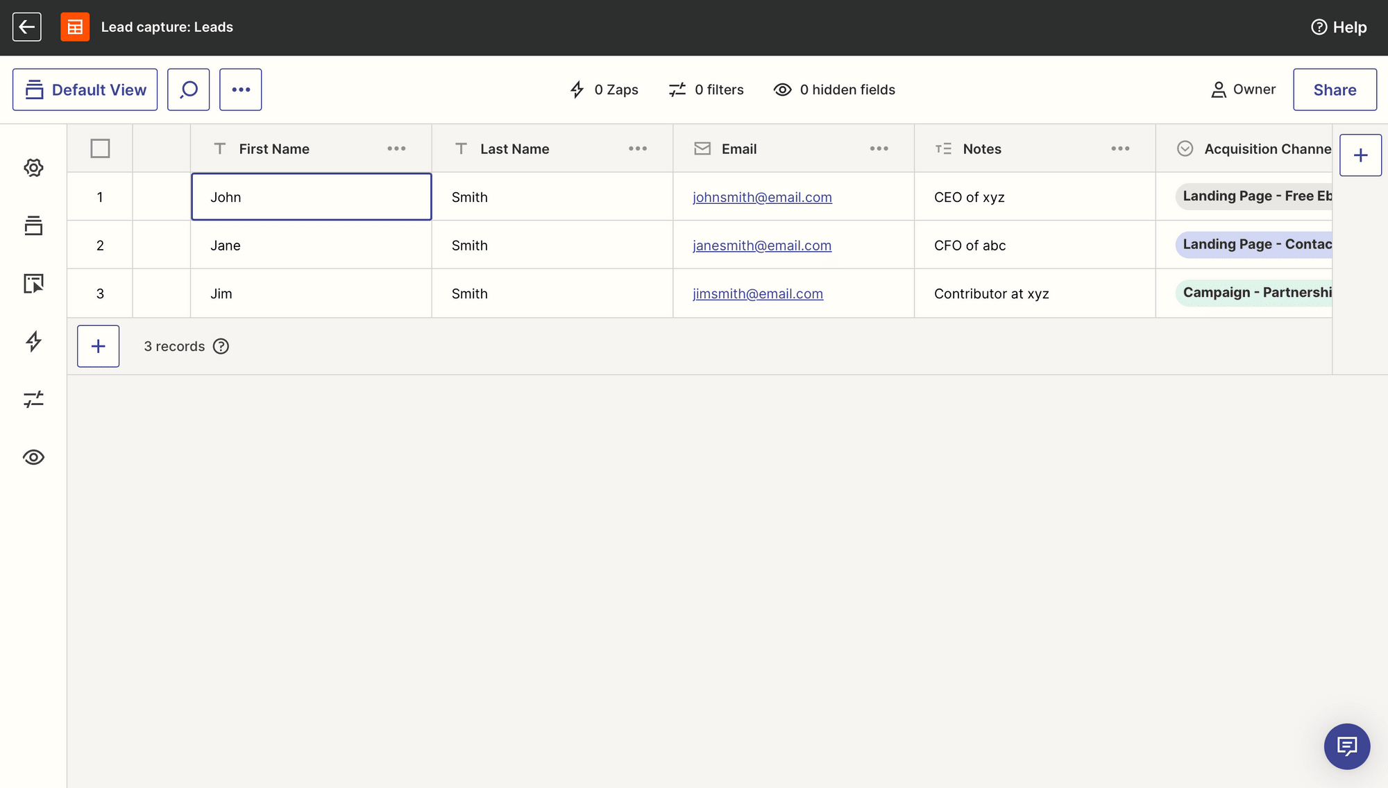 Screenshot of sample lead capture table