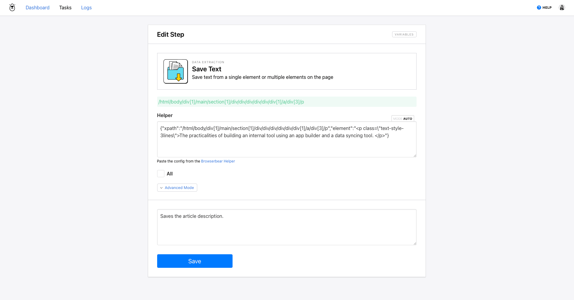 Screenshot of Browserbear save text step setup