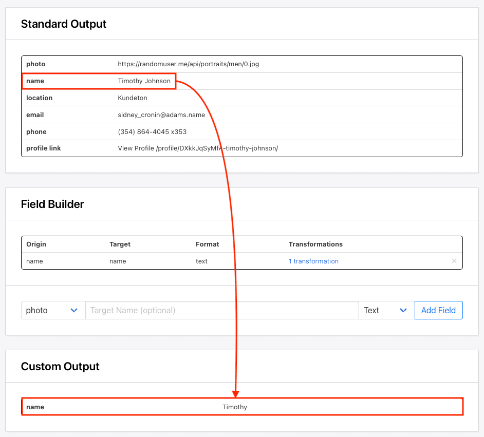 Screenshot of Roborabbit custom JSON feed with transformation outlined in red