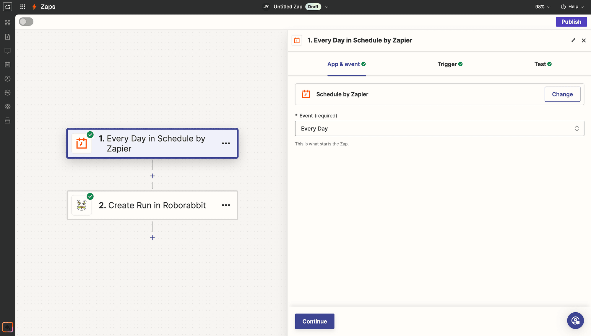 Screenshot of Zapier Every Day in Schedule trigger setup