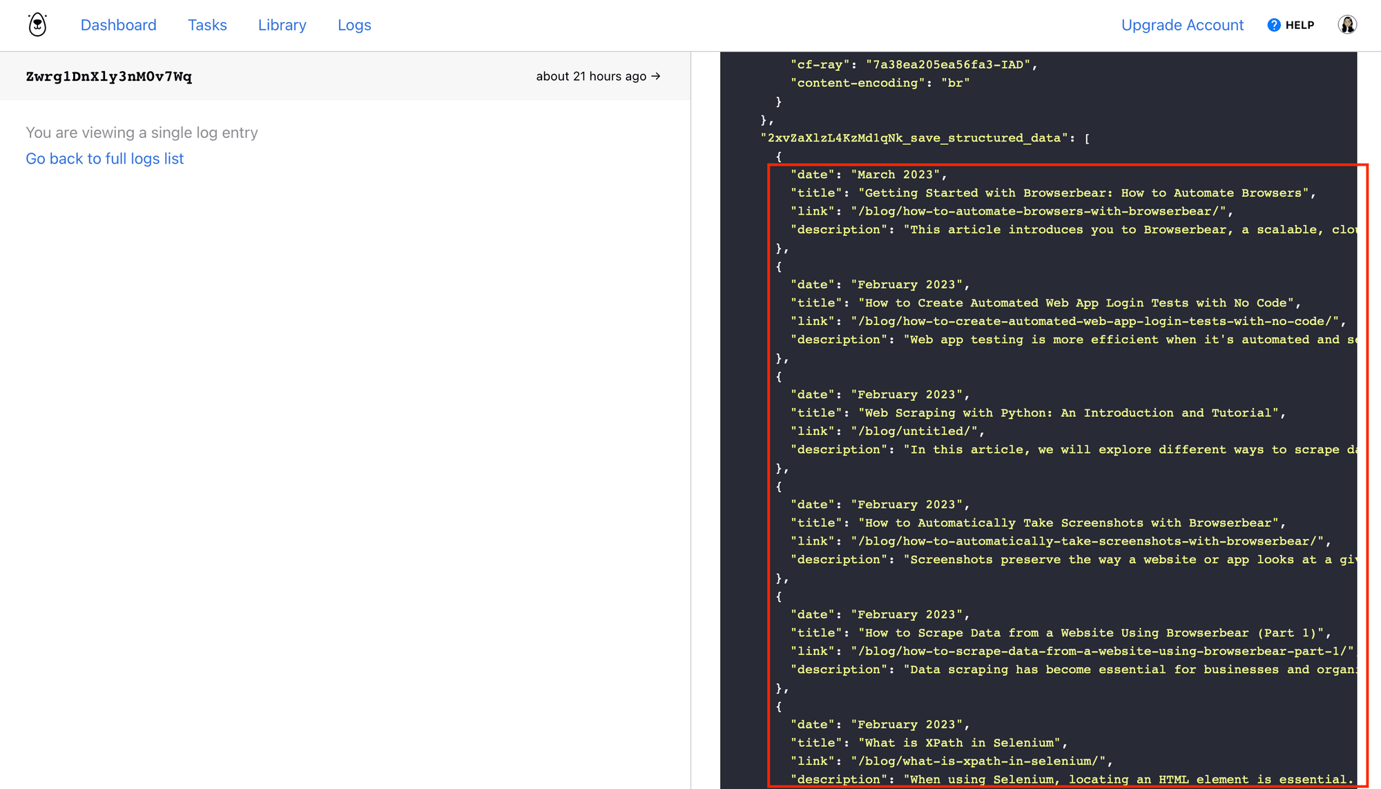 Screenshot of Browserbear task log with scraped output outlined in red