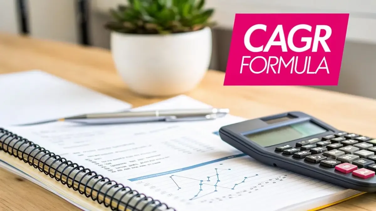 A financial chart showing a steady upward trend line, symbolizing the smoothed growth calculated by CAGR.