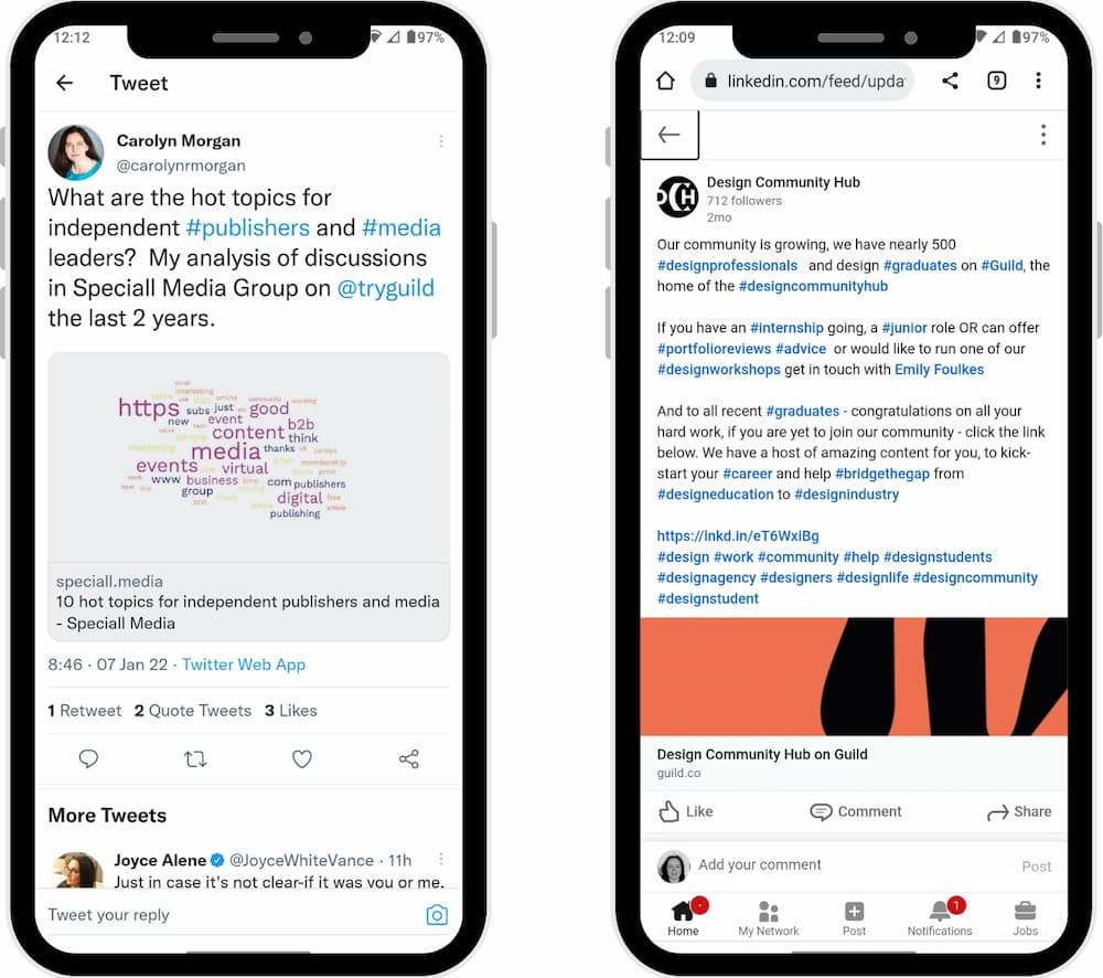 Two mobile phone screens showing a Tweet from Carolyn Morgan and a LinkedIn post from Design Community Hub reminding followers about their communites on Guild